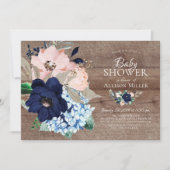 Invitation Beau Baby shower floral rustique et bleu marine (Devant)