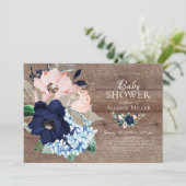 Invitation Beau Baby shower floral rustique et bleu marine (Debout devant)