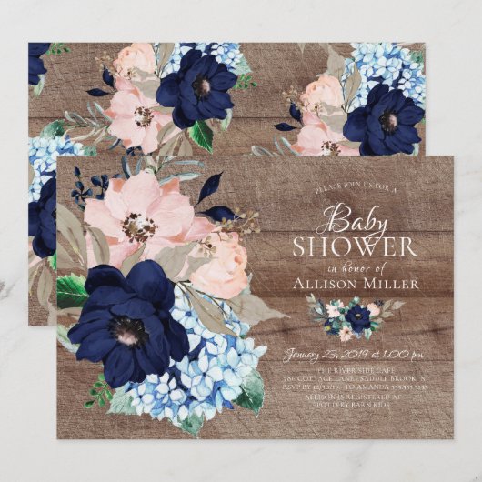 Invitation Beau Baby shower floral rustique et bleu marine (Devant / Derrière)