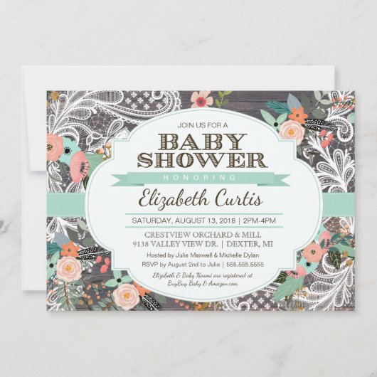Invitation Beau Baby shower Floral Rustique & Lace Boho (Devant)