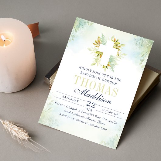 Invitation Beau Baptême de Croix Blanche Botanique