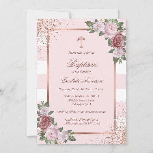 Invitation Beau Baptême floral rose rose rose rose rose rose (Devant)