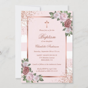 Invitation Beau Baptême floral rose rose rose rose rose rose