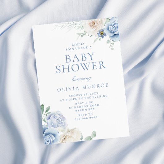 Invitation Beau Bébé Bleu Baby shower Floral