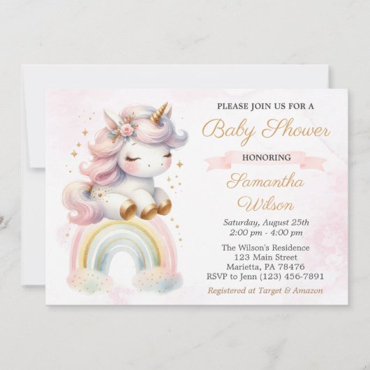 Invitation Beau bébé licorne et Baby shower arc-en-ciel (Devant)