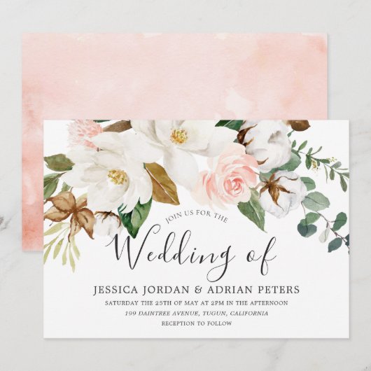 Invitation Beau Blanc & Blush Floral Toutes les saisons Maria (Devant / Derrière)