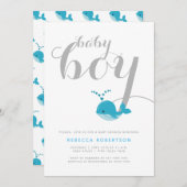Invitation Beau bleu baleine typographie bébé garçon douche (Devant / Derrière)