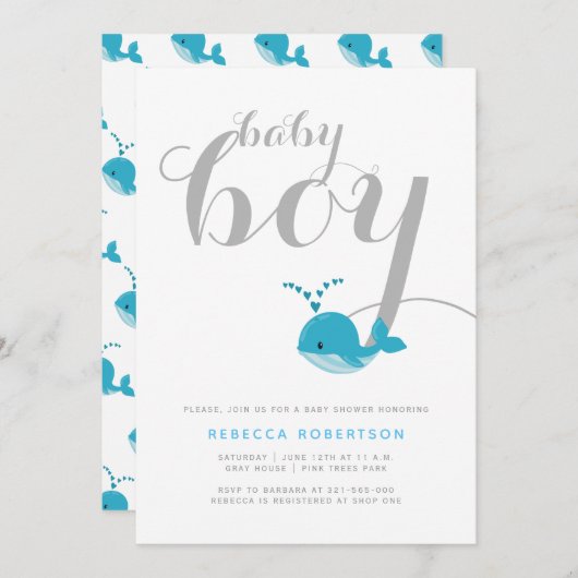 Invitation Beau bleu baleine typographie bébé garçon douche (Devant / Derrière)