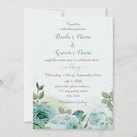 Invitation beau bleu fleurs vert feuille mariage (Devant)
