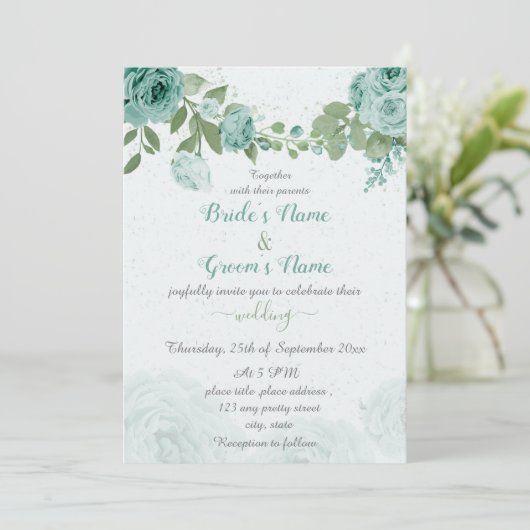 Invitation beau bleu fleurs vert feuille mariage (Debout devant)