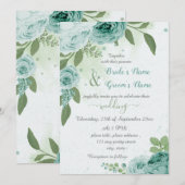 Invitation beau bleu fleurs vert feuille mariage (Devant / Derrière)