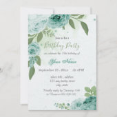 Invitation beau bleu fleurs vert feuilles anniversaire (Devant)