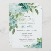 Invitation beau bleu fleurs vert feuilles anniversaire (Devant / Derrière)