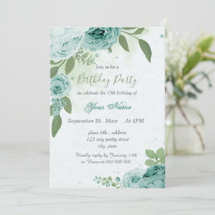Invitation beau bleu fleurs vert feuilles anniversaire