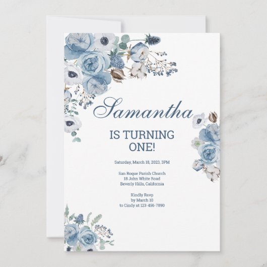 Invitation Beau Bleu Floral Anniversaire (Devant)