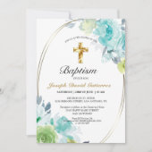 Invitation Beau bleu Floral Gold Cross Baby Baptism (Devant)