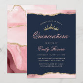 Invitation Beau bleu marine & agate blush quinceañera (Devant / Derrière)