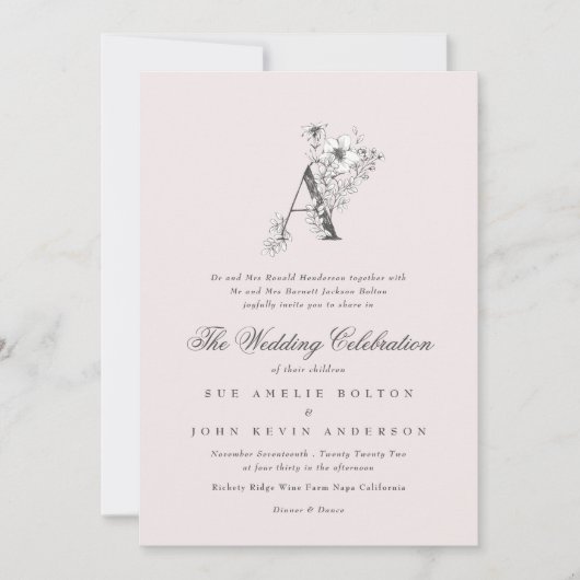 Invitation Beau Blush Floral 'A' Monogramme Sketched (Devant)