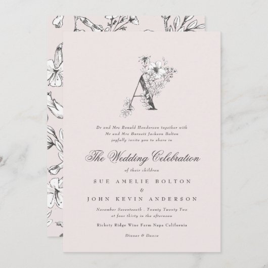 Invitation Beau Blush Floral 'A' Monogramme Sketched (Devant / Derrière)