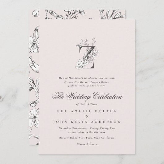 Invitation Beau Blush Floral 'Z' Monogramme Sketched (Devant / Derrière)