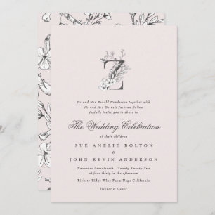 Invitation Beau Blush Floral 'Z' Monogramme Sketched