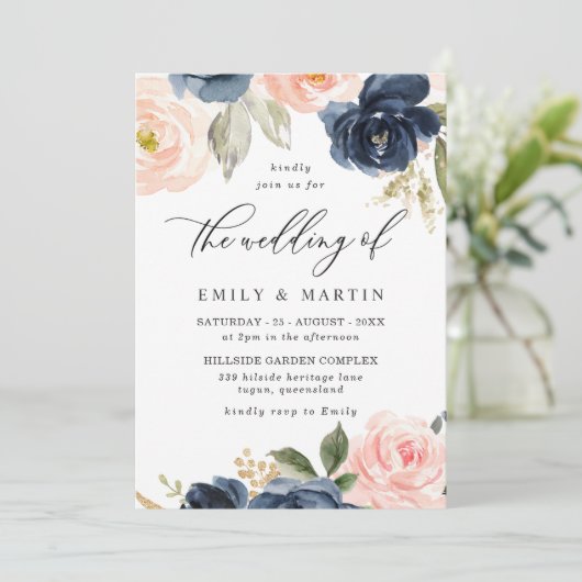 Invitation Beau Blush & Navy Floral Spring Wedding (Debout devant)