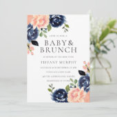 Invitation Beau Blush & Navy Flowers Baby shower Brunch (Debout devant)