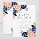 Invitation Beau Blush & Navy Flowers Baby shower Brunch (Devant / Derrière)