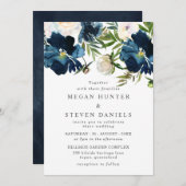 Invitation Beau Blush & Navy Watercolor Flowers Mariage (Devant / Derrière)