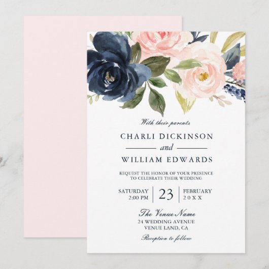 Invitation Beau Blush Rose & Marine Printemps mariage (Devant / Derrière)