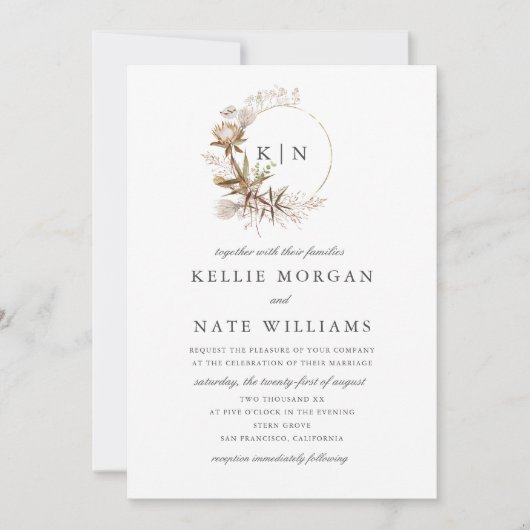 Invitation Beau Boho Botanical Wreath Monogram Mariage (Devant)