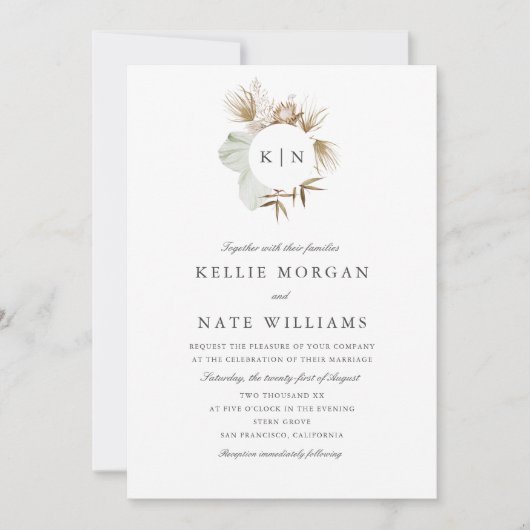 Invitation Beau Boho Botanical Wreath Monogram Mariage (Devant)