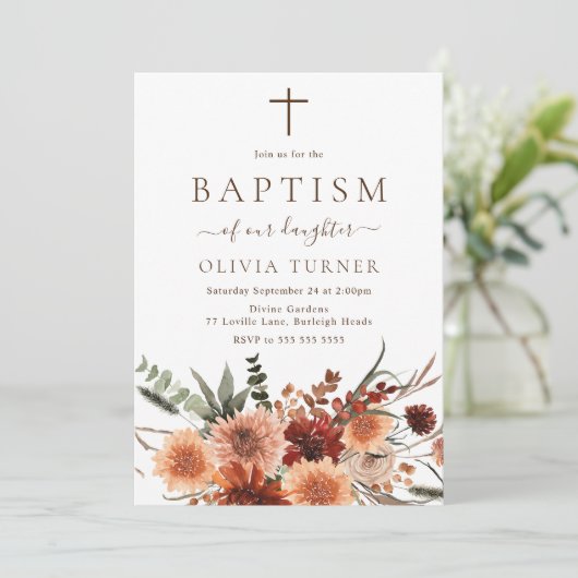 Invitation Beau Boho Fleurs d'automne Baptême (Debout devant)