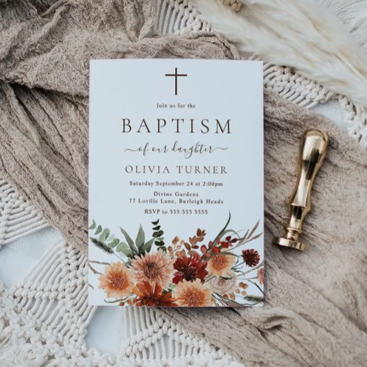 Invitation Beau Boho Fleurs d'automne Baptême