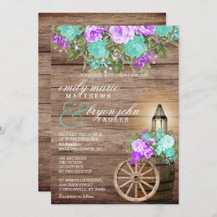 Invitation Beau bois Patiné avec fleurs Turquoises et violett