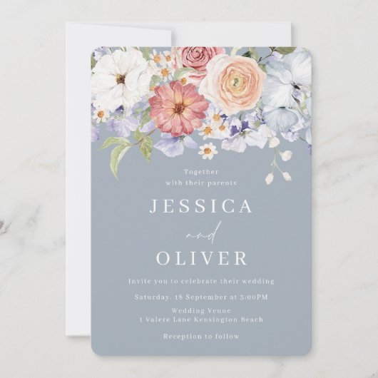 Invitation Beau Botanique Floral Dusty Blue Mariage (Devant)