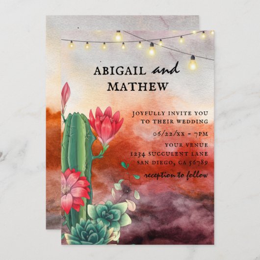 Invitation Beau Cactus Succulent Brûlé Mariage orange (Devant / Derrière)