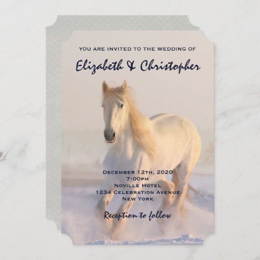 Invitation Beau Cheval Blanc Galloping dans la Neige Rustique (Devant / Derrière)