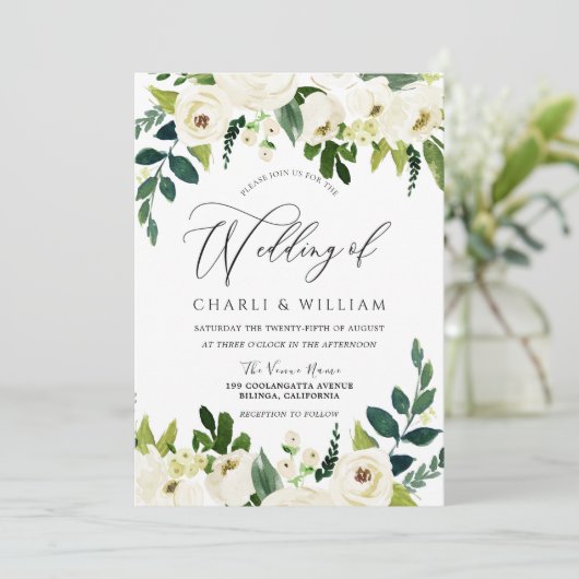 Invitation Beau Elégant Mariage Floral Blanc (Debout devant)