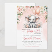 Invitation Beau éléphant avec ballons roses et fille de fleur (Devant / Derrière)