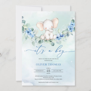 Invitation Beau éléphant bleu à fleurs eucalyptus