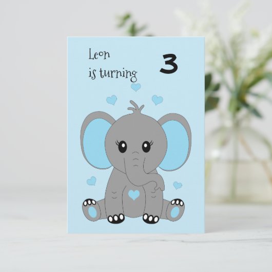 Invitation Beau éléphant en bleu, anniversaire garçon (Debout devant)