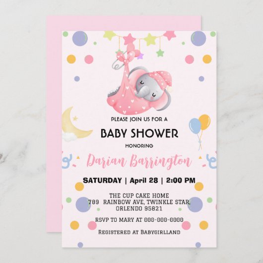 Invitation Beau éléphant étoile montgolfière baby shower enfa (Devant / Derrière)