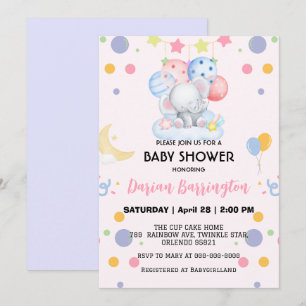 Invitation Beau éléphant étoile montgolfière baby shower enfa