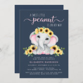 Invitation Beau Eléphant Fleurs de soleil Bleu Bébé Fille Dou (Devant / Derrière)