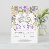 Invitation Beau éléphant violet baby shower rustique fleuri (Debout devant)