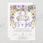 Invitation Beau éléphant violet baby shower rustique fleuri (Devant / Derrière)