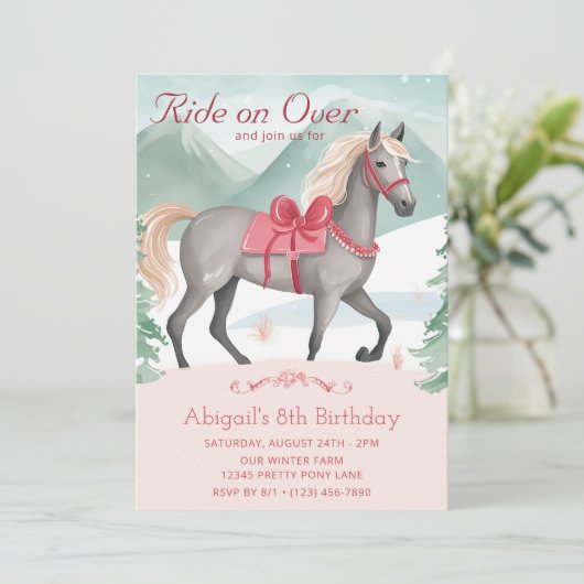 Invitation Beau hiver Woodland Cheval rose Anniversaire (Debout devant)