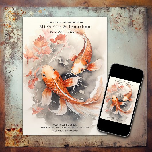 Invitation Beau japonais Koi Poisson orange Beige Mariage