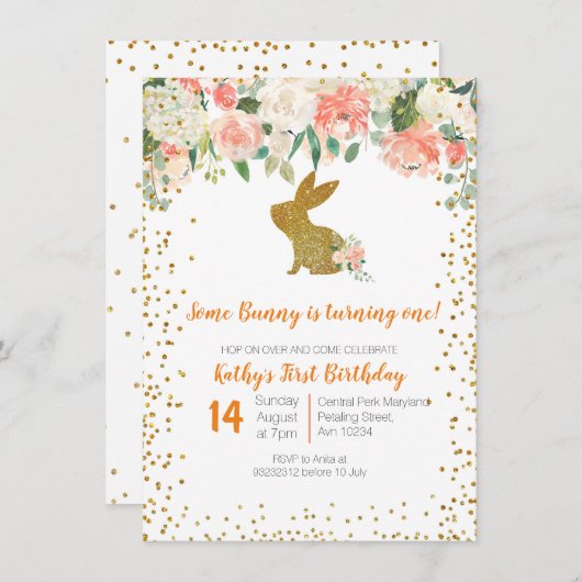 Invitation Beau lapin rose floral 1er anniversaire (Devant / Derrière)